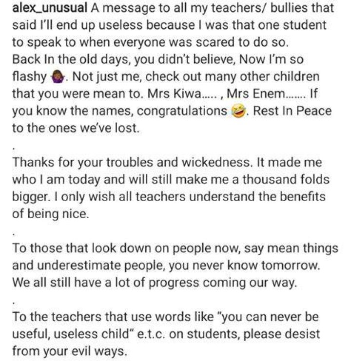 
“Thanks For Your Troubles And Wickedness” Bbnaija Alex Unusual Sends Strong Message To Teachers Who Bully Her In School 